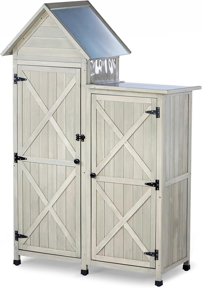 Outdoor Storage Cabinet - Waterproof Metal Roof & Wooden Vertical Design, Tall Garden Tool Shed with Multiple Shelves for Patio, Backyard, Lawn, Yard (Gray, 22" x 46" x 67")
