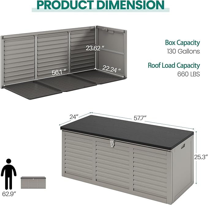 130 Gallon Outdoor Deck Box, Waterproof Resin Box with Lockable Lid, UV-Resistant for Cushions, Garden Tools & Pool Accessories (GRAY), Patio Furniture