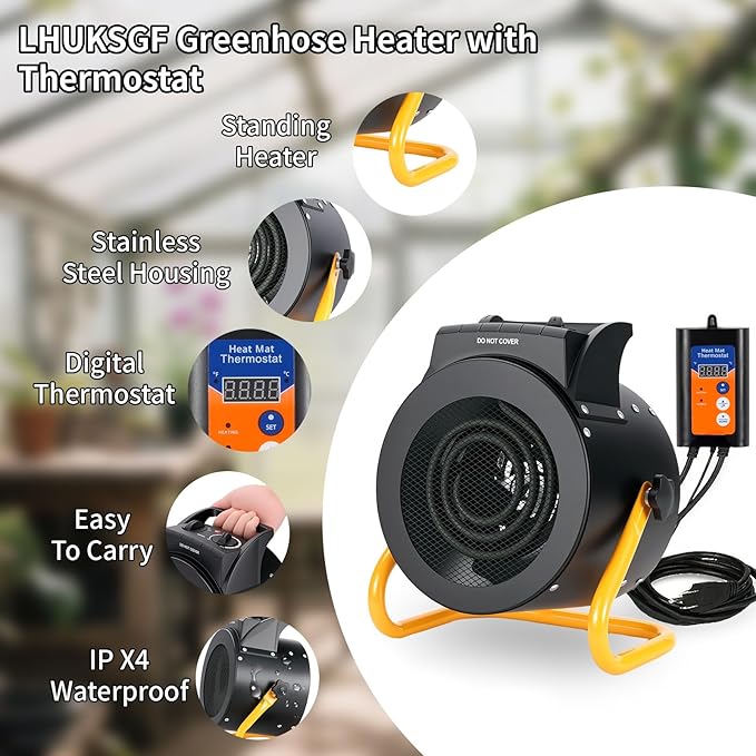 Greenhouse Heater with Digital Thermostat, 1500W/750W Electric Grow Tent Heater, IPX4 Waterproof, Overheat Protection, Fast Heating for Patio, Flower Room, Green House, Ourdoor