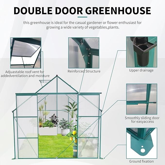 8×10 FT Greenhouses for Outdoors,Polycarbonate Greenhouse, Aluminum Heavy Duty Walk-in Garden Plants Green Houses, Raised Base and Double Sliding Door for Outside Backyard, Green