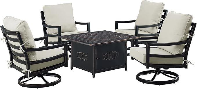 Oakland Living Black Aluminum Patio Fire Table Set with Four Club Chairs with Light Grey Cushions