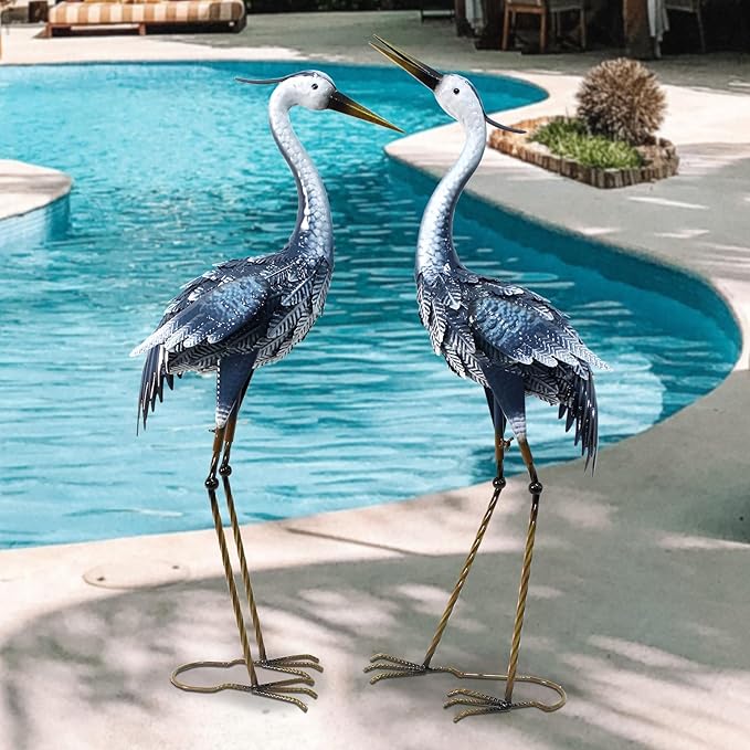 33-35 Inch Blue Heron Garden Statues for Outside, Metal Cranes for Yard Outdoor Decor, Standing Bird Sculptures for Patio, Lawn, and Backyard, Garden Sculptures & Statues, Set of 2
