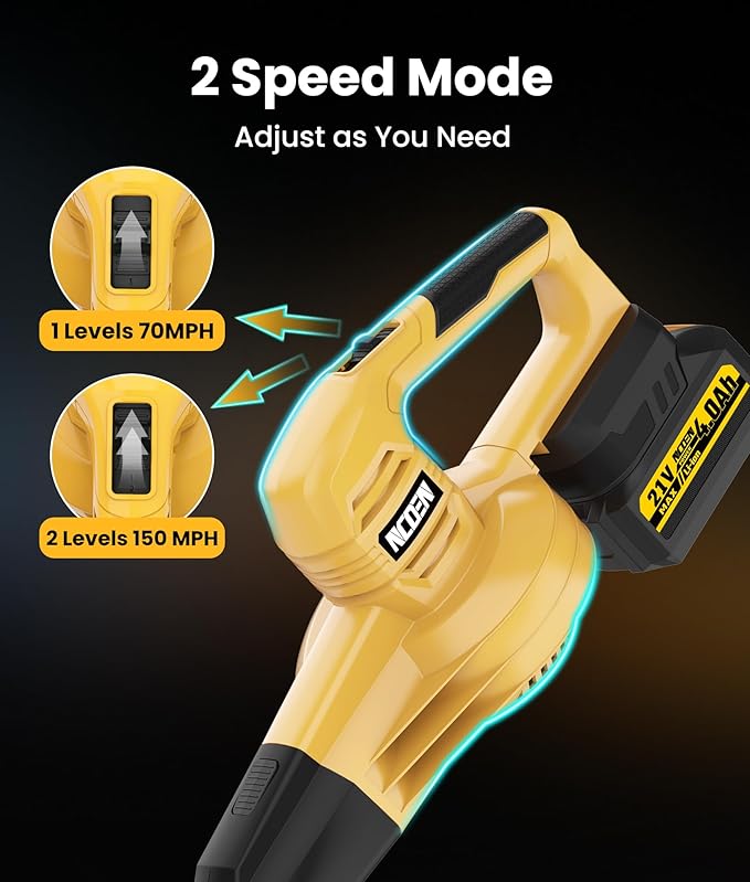 21V Cordless Leaf Blower with 2 x 4.0Ah Batteries and Charger - Powerful 2-Speed Electric Blowers for Lawn Care, Blowing Leaves, Patio, House, Depot, Dust (Yellow)