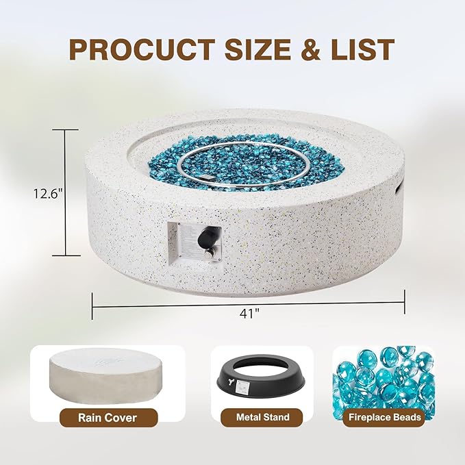 Outdoor Propane Fire Pit Table – Premium Terrazzo-Like MgO Finish, Round Gas Fire Table for Patio, Garden & Backyard, Includes Rain Cover & Glass Beads