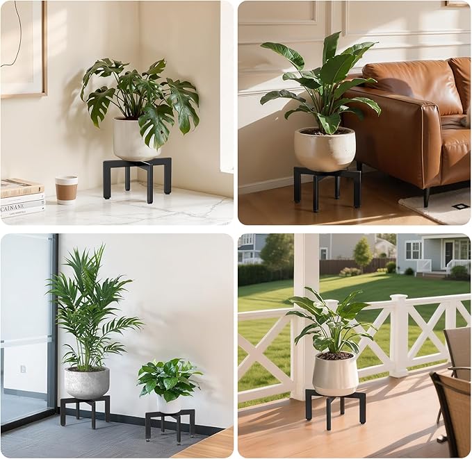 Adjustable Plant Stand Indoor Outdoor,Metal Modern Plant Stands, Plant Stand with Adjustable Feet,Low Short Plant Stands,Fit 8-12 inch Pots,Black (Pot & Plant Not Included)