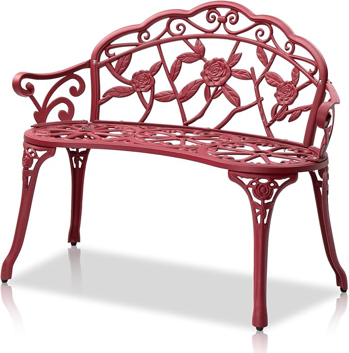 VINGLI 38.5" Patio Park Garden Outdoor Metal Rose Bench,Cast Aluminium Frame Antique Finish Chair,Accented Lawn Front Porch Path Yard Decor Deck Furniture for 2 Person Seat（Red