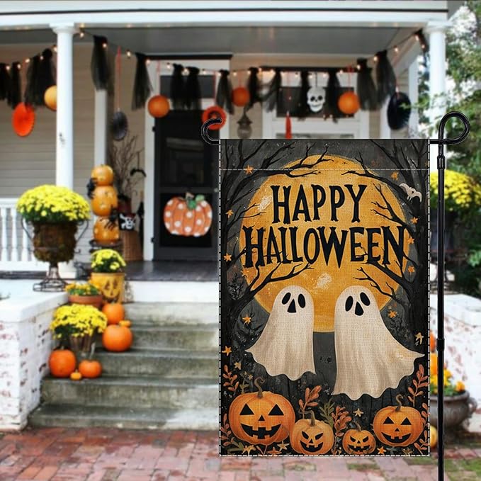 Happy Halloween Garden Flag Ghost Welcome Small Flags for Outside, 12x18 Inch Moon Jack O Lantern Pumpkin Double Sided Burlap Holiday Fall Banner Yard Outdoor Decoration