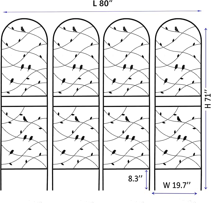 4 Pack Metal Garden Trellis 71" Tall Outdoor Climbing Plant Support for Roses, Flowers, Rustproof Durable Black Galvanized Tube, Lawn Garden Fence Decor Screen (4, Black birds-71 H)