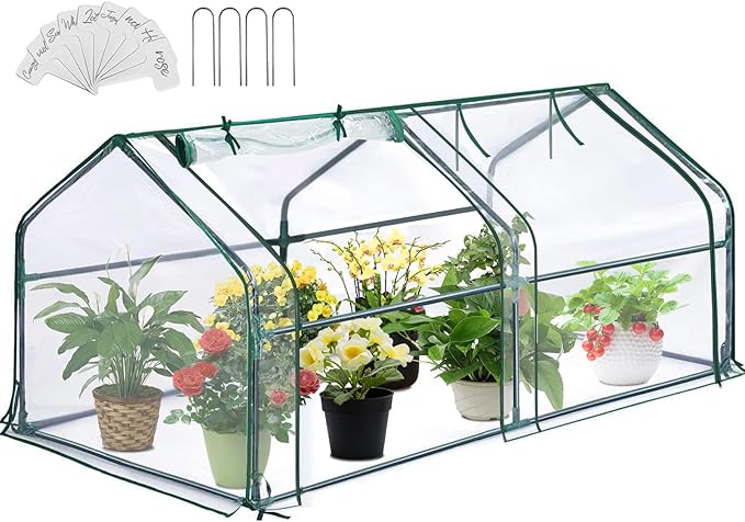 Greengro Mini Greenhouse, 71" x 36" x 36" Portable Greenhouses for Outdoors with Roll-up Zipper Door, Ground Stakes & 20 T-Shaped Plant Tags, Waterproof UV-Resistant Green House for Indoor