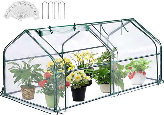 Greengro Mini Greenhouse, 71" x 36" x 36" Portable Greenhouses for Outdoors with Roll-up Zipper Door, Ground Stakes & 20 T-Shaped Plant Tags, Waterproof UV-Resistant Green House for Indoor