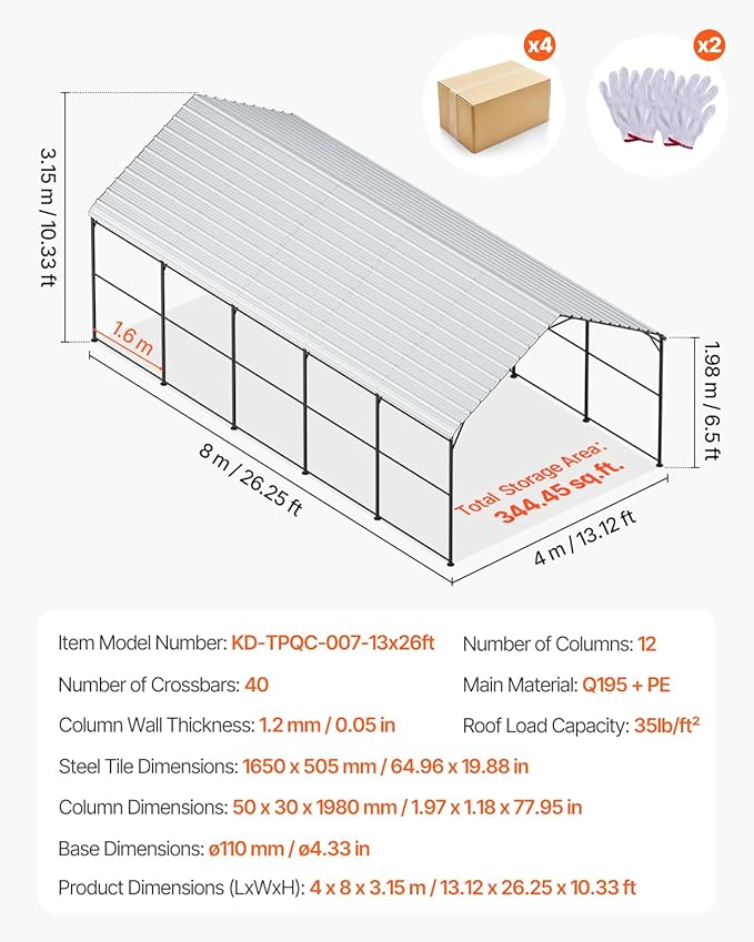 VEVOR Heavy Duty Metal Carport, 13' x 26' Outdoor Carport with Galvanized Steel Frame & Roof, Car Tent Garage Shade with Removable Sidewalls, Multi-Use Car Shelter for Pickup, Boat, Car & Tractors