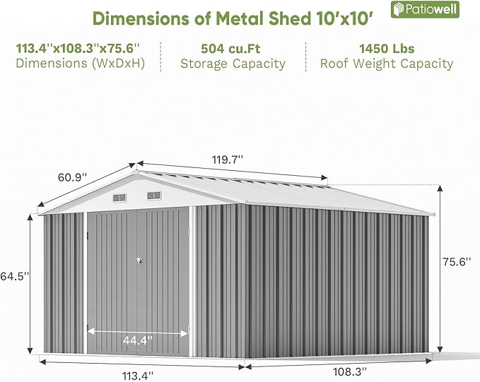 Patiowell 10' x 10' Metal Storage Shed for Outdoor, Steel Yard Shed with Design of Lockable Doors, Utility and Tool Storage for Garden, Backyard, Patio, Outside use, Grey