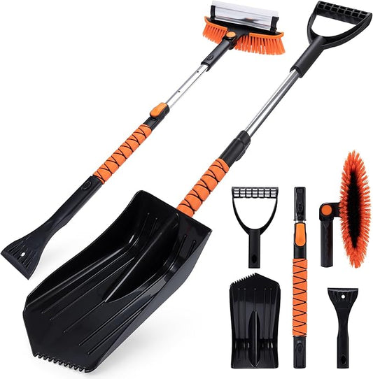 TONDA Snow Brush and Ice Scraper for Car Windshield, 180° Rotating Brush with Squeegee, Extendable Handle with Foam Grip, Snow Shovel for Cars, Trucks & SUVs, Orange