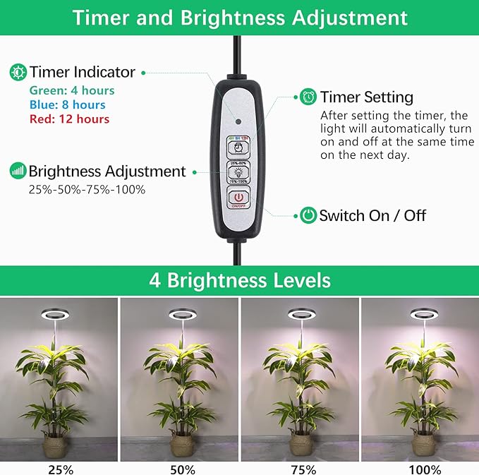LORDEM Black Full Spectrum LED Grow Light, 72 LEDs, 4 Brightness Settings, Auto On/Off Timer, Height Adjustable, Ideal for Large Plants