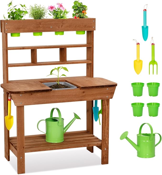 OOOK Potting Bench with Removable Sink, Potting Benches for Outside, Mud Kitchen for Kids Outdoor with Gardening Tools, Watering Can, Flower Pot, Ideal Gift for Boys and Girls 3+, Solid Fir Wood