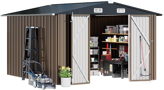 COMHOMA Shed Outdoor Storage Shed Metal,Lockable Doors Tool Sheds with Sloping Roof,Steel Garden Shed with Air Vent for Backyard,Patio,Lawn,Poolside (Brown, 10'*12')