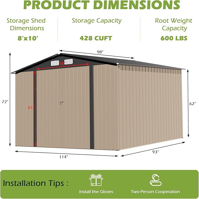 8×10 FT Metal Shed Outdoor with Peaked Roof, Weather Resistant Outdoor Storage Shed with Lockable Double Doors for Backyard, Patio Lawn, Garden