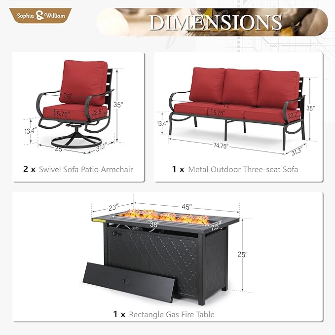 Sophia & William Patio Furniture Sets with 45" Gas Fire Pit Table Outdoor Metal Conversation Sets for 5, 2 x Swivel Cushioned Patio Sofa Chairs, 1 x 3-Seat Sofa 4 Pieces for Lawn Backyard Red