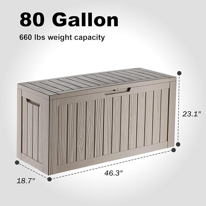 80 Gallon Deck Box,Resin Outdoor Storage Box with Lockable for Patio Furniture, Pool Accessories, Garden Tools Waterproof Outside Storage Box, Grey