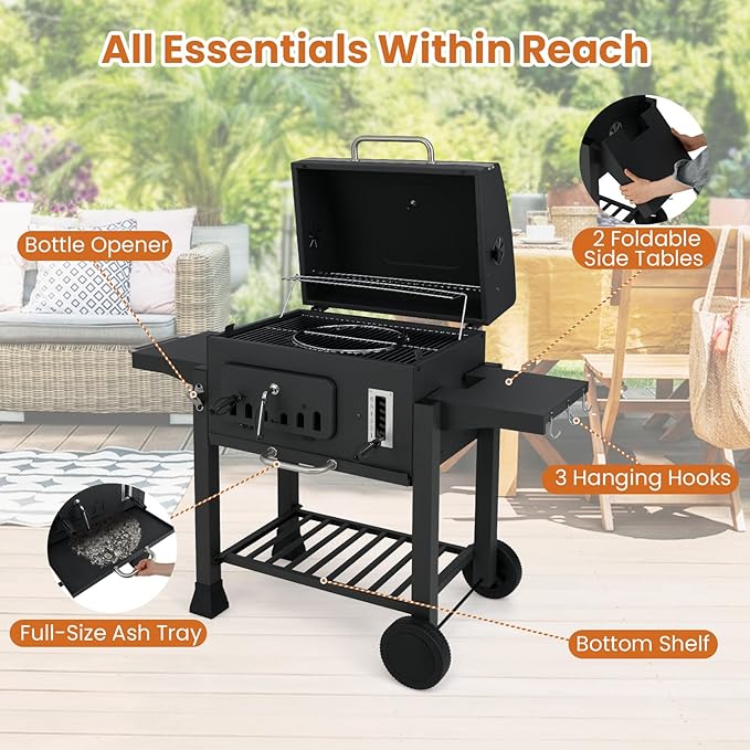 Happygrill Barrel Charcoal Grill with 2 Folding Side Tables, 24-Inch Outdoor Barbecue Grill w/544 sq.in Cooking Area, 6-Gear Charcoal Tray & Storage Shelf, Portable Griddle w/Wheels for Camping Picnic
