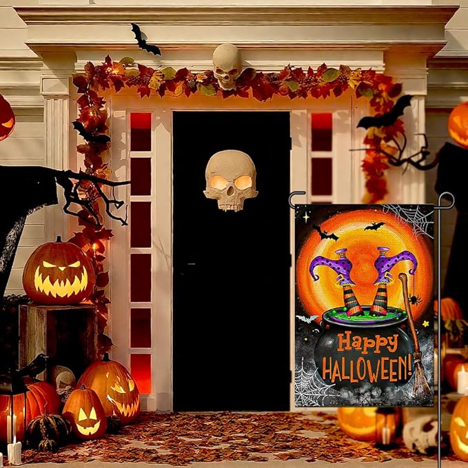 Happy Halloween Garden Flags for Outside 12x18 Inch Double Sided Burlap, Spooky Ghost Bat Sign Small Flag Farmhouse Holiday Yard Outdoor Decorations DF857