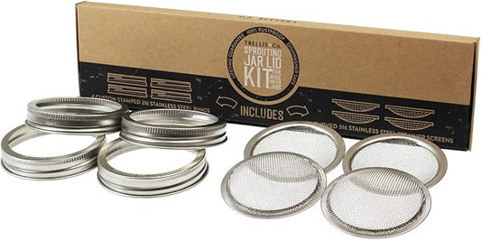 | Stainless Steel Sprouting Kit, 4 Pack | Rust Proof 316 Stainless, Curved Mesh, Fits Most Wide Mouth Mason Jars | Grow Your Own Organic Sprouts From Seeds, Sprouter