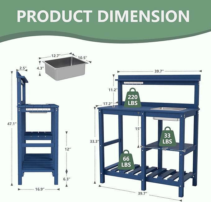 FOOWIN Potting Bench, HDPE Outdoor Potting Table with Sink, All-Weather Potting Benches for Outside, Gardening Table with Storage Shelf, Hook, for Garden, Patio, Lawns, Navy Blue