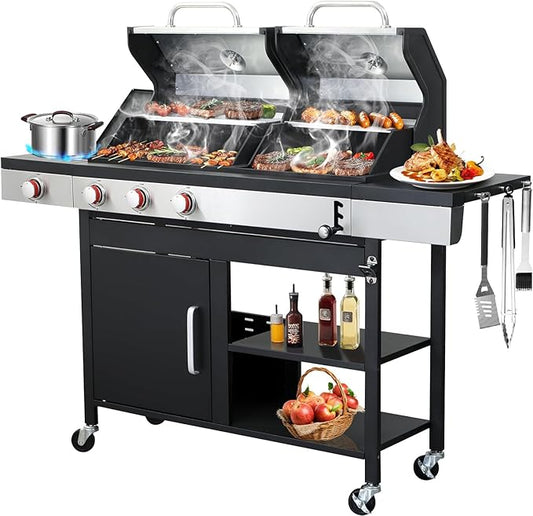 Propane and Charcoal Combo Grill with Side Burner, 37,230 BTU Outdoor BBQ Grill with Porcelain-Enameled Cast Iron Grates and Griddle Plate for Patio, Garden, Backyard (propane+charcoal)