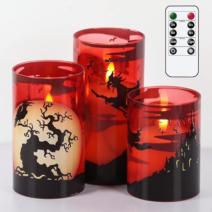 DRomance Witch Glass Flameless Candles with Remote and Timer, Battery Operated Realistic 3D Wick Flickering Real Wax LED Candles Halloween Window Table Holiday Dinner Decor Gifts(3 x 4,5,6 Inches)