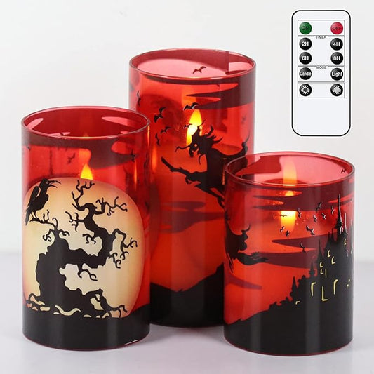 DRomance Witch Glass Flameless Candles with Remote and Timer, Battery Operated Realistic 3D Wick Flickering Real Wax LED Candles Halloween Window Table Holiday Dinner Decor Gifts(3 x 4,5,6 Inches)