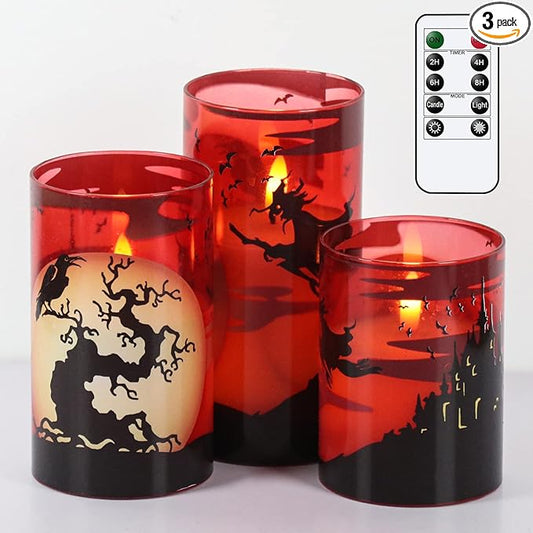 Eldnacele Halloween Flickering Candles with Witch, Crow Raven, Castle Decals, Red Glass Battery Operated Flameless LED Candles with Remote, Real Wax Candle Set of 3 Halloween Decorations