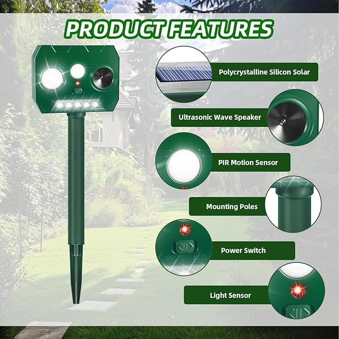 4Pack Solar Ultrasonic Animal Repellent Deer Repellent Devices with Motion Detection&LED Flashlight,Cat Repellent Outdoor Squirrel Rabbit Raccoon Skunk Deterrents Animal Repeller for Yard Garden Farm