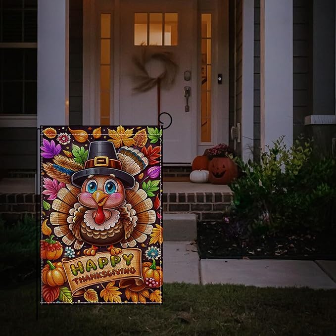 Fall Thanksgiving Garden Flag 12 x 18 Inch Double Sided Turkey Pumpkin Maple Leaves Designs Autumn Burlap Yard Flag for Outside Rustic Yard Outdoor Holiday Home Decoration