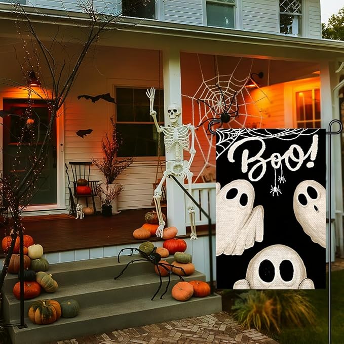 Spooky Ghost Boo Garden Flags for Outside 12x18 Inch Double Sided Burlap, Welcome Sign Halloween Small Flag Banner Farmhouse Holiday Yard Lawn Outdoor Decorations DF878