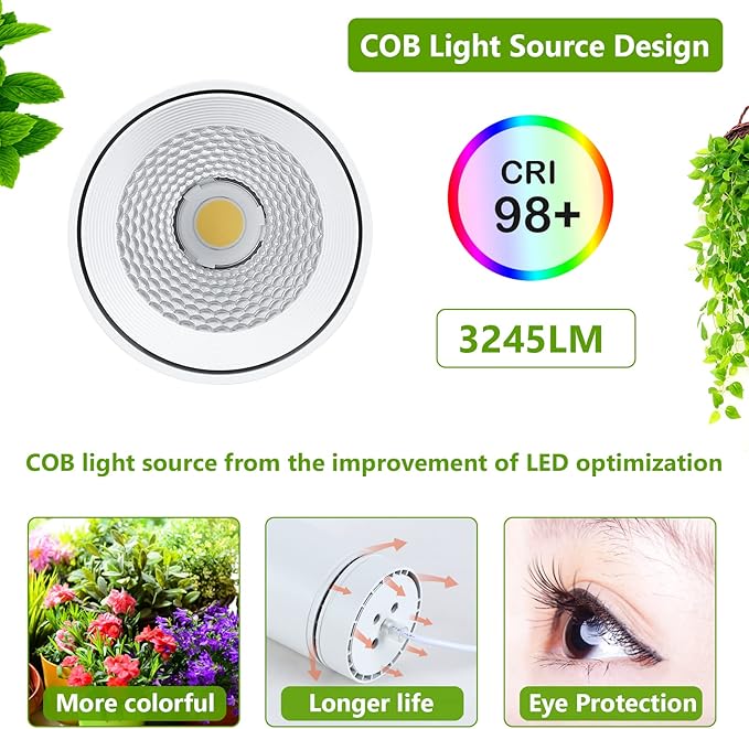 HMVPL Hanging Grow Light, Plant Lights Full Spectrum with 4000K 40W COB Bulb, Pulleys and Smart Timer, Indoor Grow Lamp for Tall Tree Hydroponics