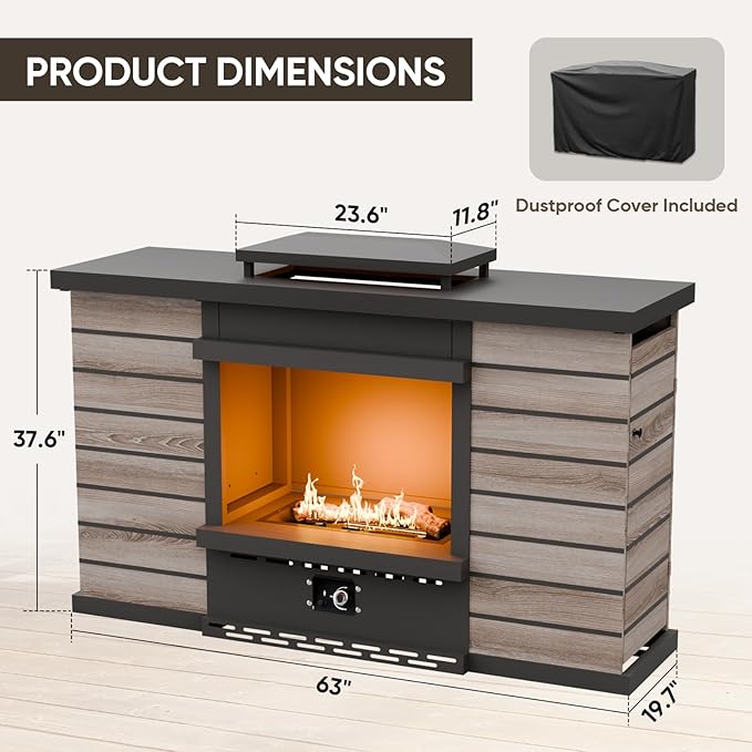 63'' Outdoor Propane Fireplace with Tank Storage & Extra Storage Cabinet, CSA Certified 50,000 BTU Patio Firepit with Dust Cover for Garden, Backyard and Balcony, Gray/Beige