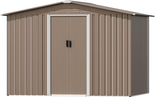 8FT x 6FT Outdoor Storage Shed, Waterproof Lockable Door Metal Tool Shed with Sliding Door and Ventilation, Gardening Tool Storage Room, Metal Storage Shed for Gardens and Lawns