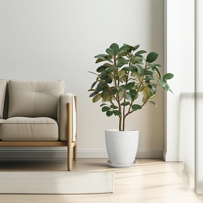 10 Inch Ceramic Planter Pot - Large Plant Pot with Drainage Hole and Saucer, Modern Round Flower Pots for Indoor Outdoor Plants, Garden Planter, White