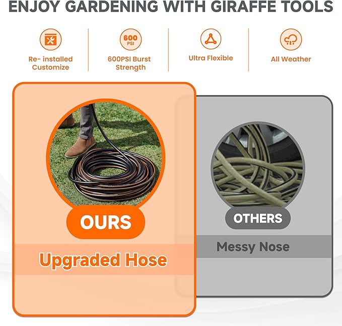 Giraffe Tools Leader Hose 12ft x 5/8", Custom Length, Heavy Duty, No Kink, Flexible, Rubber Garden Hose, Leakproof Water Hose with Female to Female Fittings, 600 Burst PSI