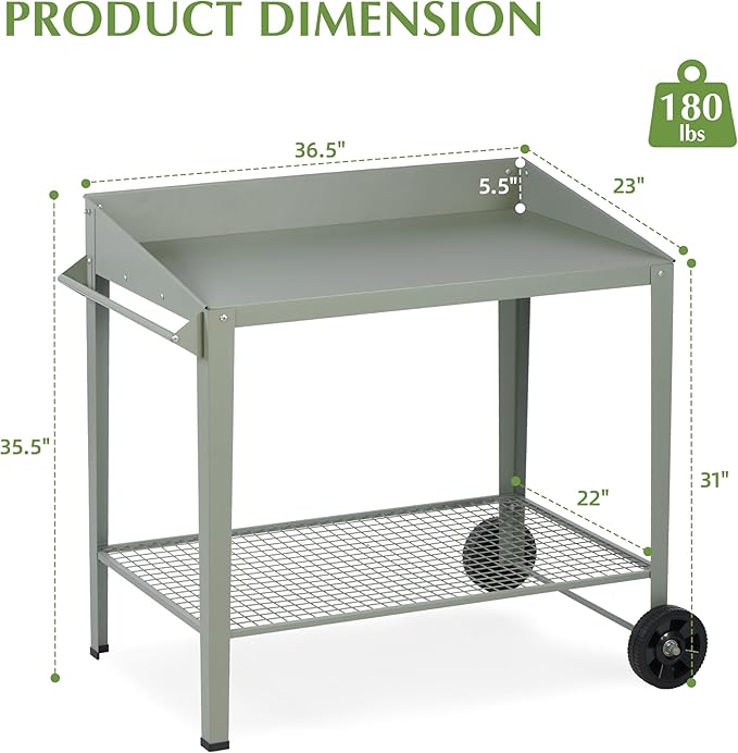Outdoor Metal Potting Bench with Wheels, Heavy Duty Garden Workbench Table with Storage Shelf (Green, 36"x38.8")