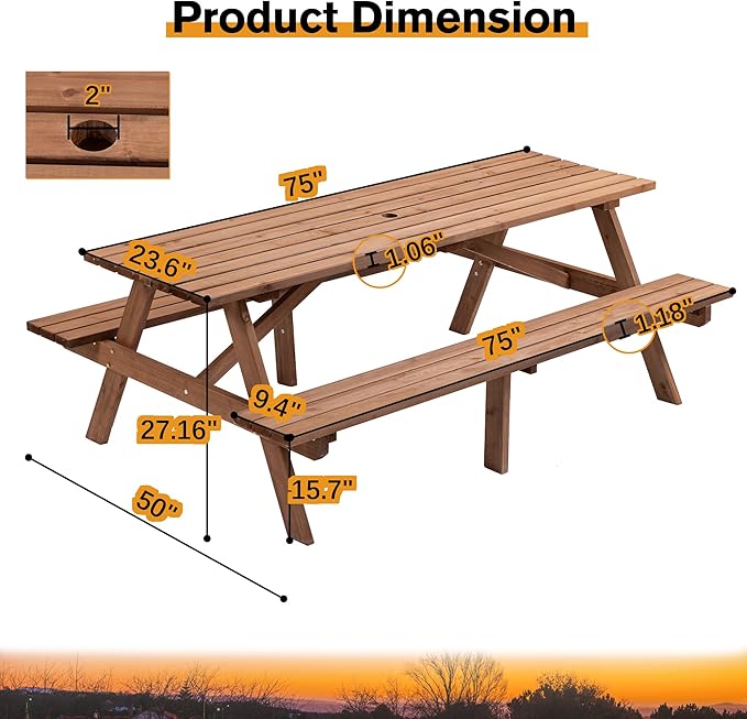 8-Person Wooden Picnic Table with 2 Built-in Benches, 75" L x 50" W Outdoor Dining Table, 2220lb Capacity Includes Umbrella Hole, Perfect for Backyard, Camping, Natural