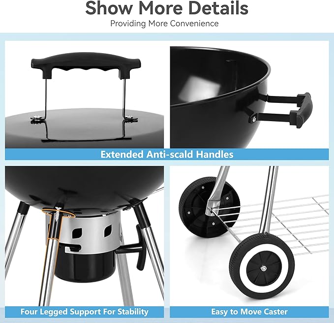 GREEN PARTY 18 inch Kettle Charcoal BBQ Grill with Wheels, Portable Charcoal Grill with Porcelain-Enameled Lid & Ash Catcher for Outdoor Cooking Barbecue Camping Picnics Tailgating, Black