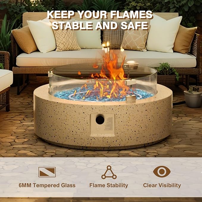 2-Piece Outdoor Propane Fire Pit Table Set – Premium Terrazzo-Like MgO Finish, Round Gas Fire Table with Glass Wind Guard for Patio, Garden & Backyard, Includes Rain Cover & Glass Beads