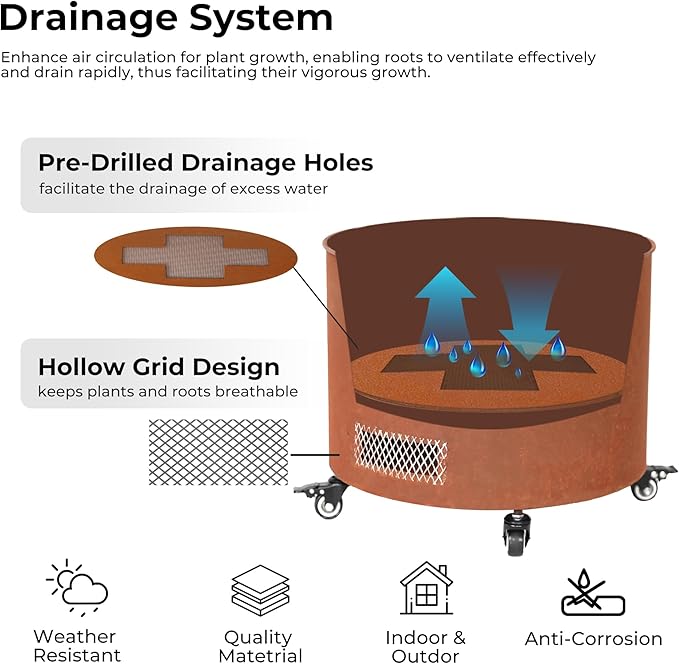Corten Steel Planter Box with Trellis, 17” Round Patio Gardening Kit (45" Height) - Wheeled Metal Raised Bed for Tomatoes/Vines, Built-in Drainage & Weatherproof Cover