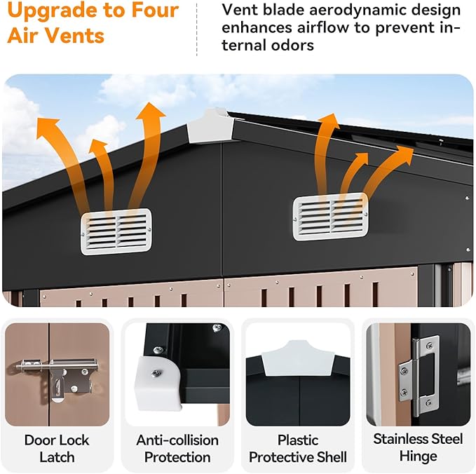 10x8FT Outdoor Storage Shed, Metal Garden Shed with Lockable Double Doors & Sloping Roof, Weather-Resistant Tool Shed for Backyard, Patio, Poolside Brown