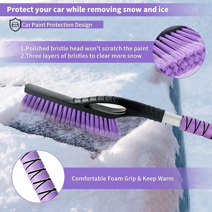 27" Snow Brush and Ice Scrapers for Car Windshield 2 Pack |Scratch-Free Bristle Head PVC Snow Brush & Foam Grip Window Snow Scraper Snow Removal Tool with Aluminum Body for Truck, SUV,Purple