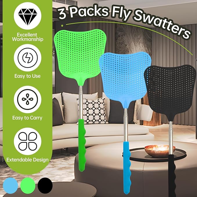 3 Pack Fly Swatters Set - Plastic Fly Swatters Heavy Duty - Fly Swatters with Stainless Steel Handle for Indoor and Outdoor - Blue + Green + Black