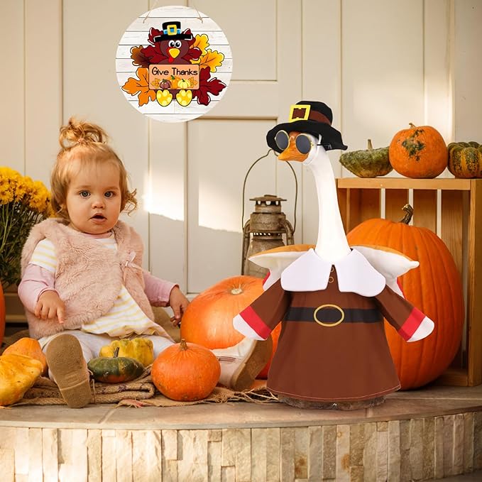 Porch Goose Outfits Pilgrim with Accessories Yard Garden Lawn Goose Clothes for Plastic Cement Goose Statue 23" H Large Fall Autumn Thanksgiving Porch Goose Costume Set for Patio Outdoor Decoration