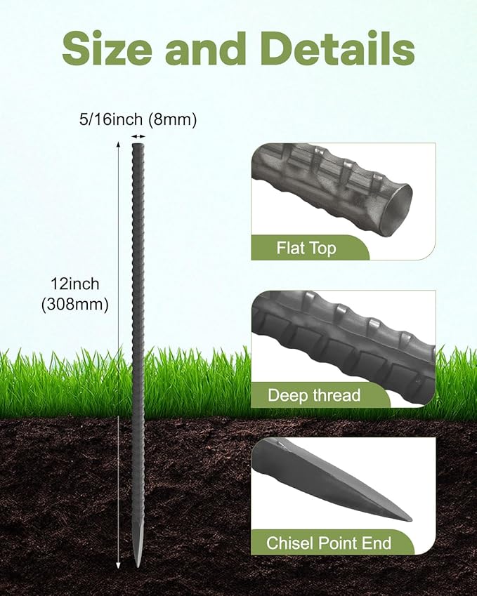 12 Inch Rebar Stakes Heavy Duty, 20 Pack Straight Metal Garden Stakes with Chisel Point End, 5/16'' Diameter Landscape Timber Spikes Ground Anchors for Timber Garden Tent Camping Fence