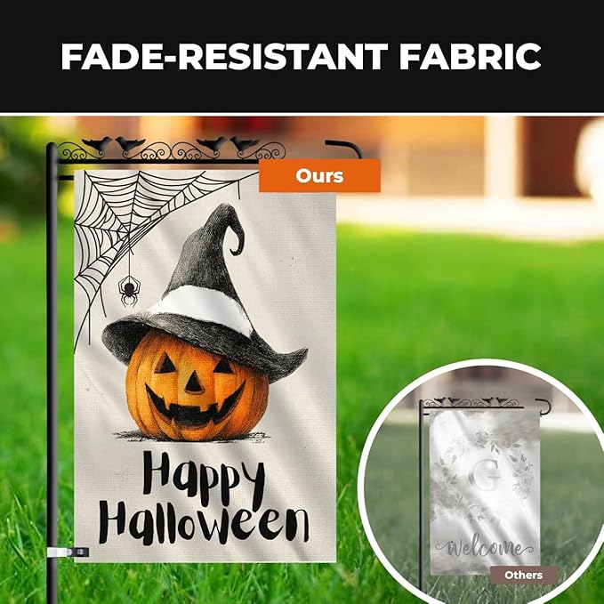 Halloween Garden Flag 12x18 Double Sided – Burlap Yard Flag with Pumpkin Wearing Hat and Spider Web for Outdoor Fall Halloween Decor